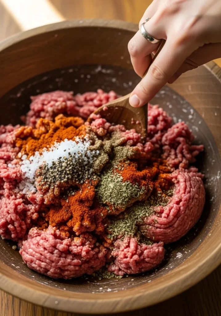 A close-up overhead shot of a person's hands gently mixing seasoned raw ground beef with spices in a rustic wooden bowl