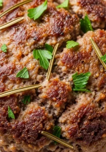 A detailed macro photograph of a cooked garlic and herb beef sausage patty, showing the browned crust and visible flecks of fresh herbs.