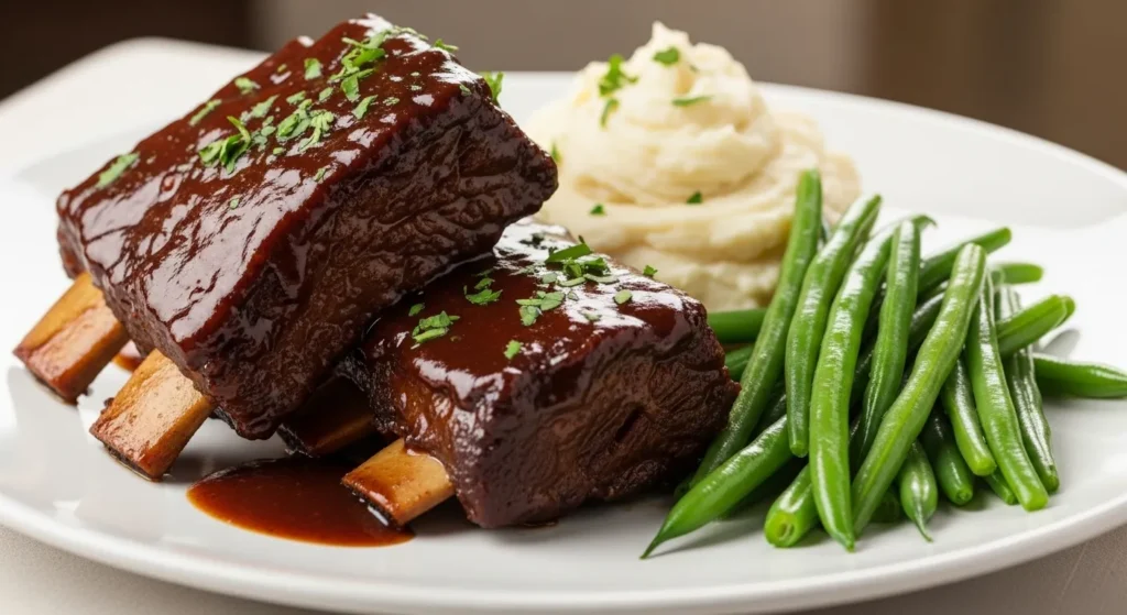 A plate of slow cooker country style beef ribs served with mashed potatoes and green beans.