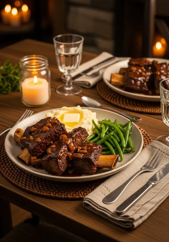 A plated dinner of tender country style beef ribs with gravy, mashed potatoes, and green beans