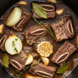 Country style beef ribs simmering in a Dutch oven with beef broth and onions before braising