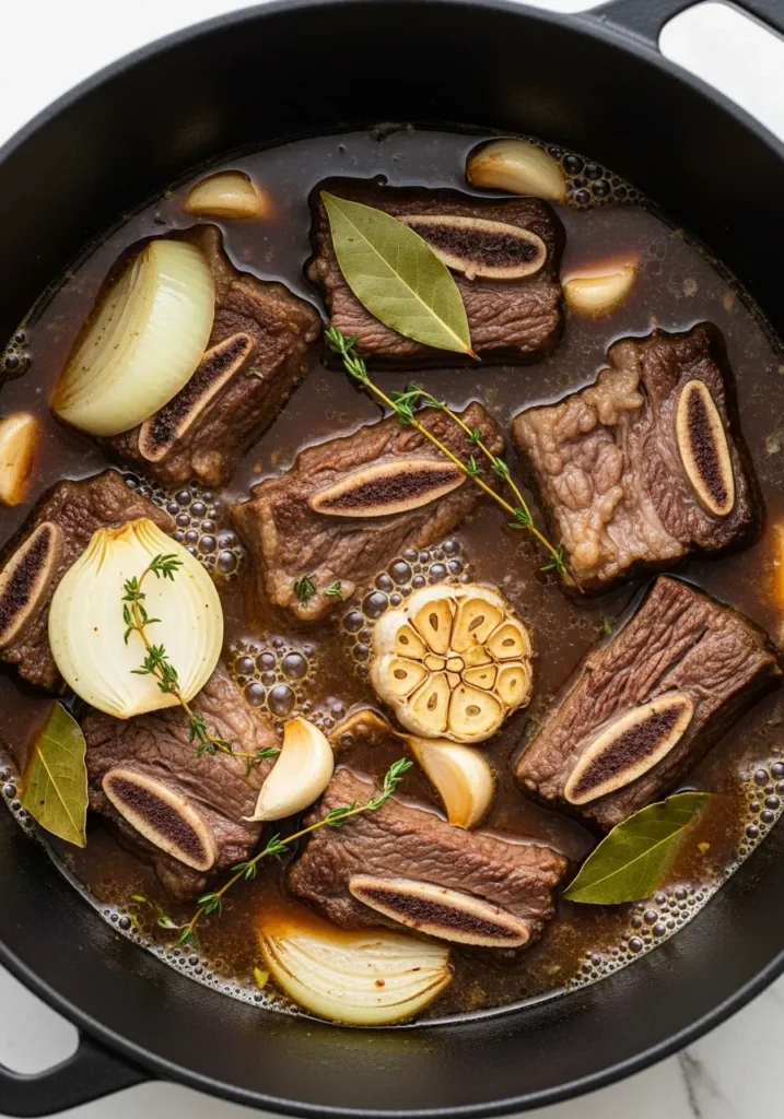 Country style beef ribs simmering in a Dutch oven with beef broth and onions before braising