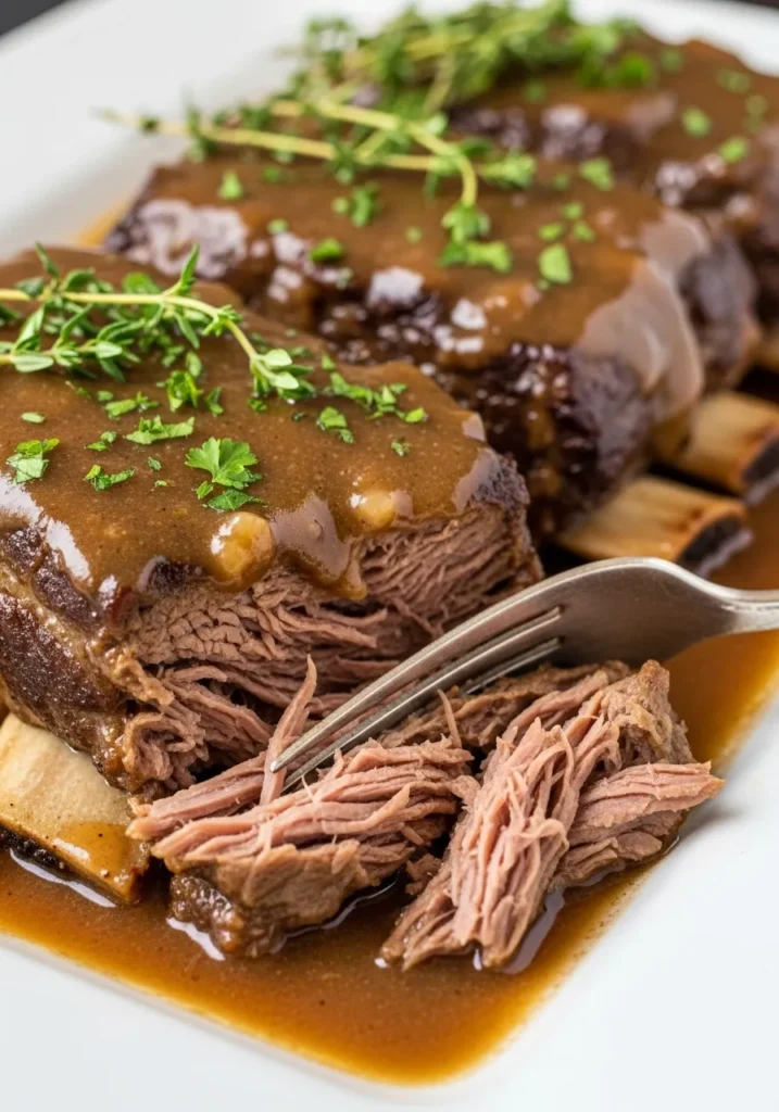 Fork-tender country style beef ribs covered in a rich gravy on a white serving platter