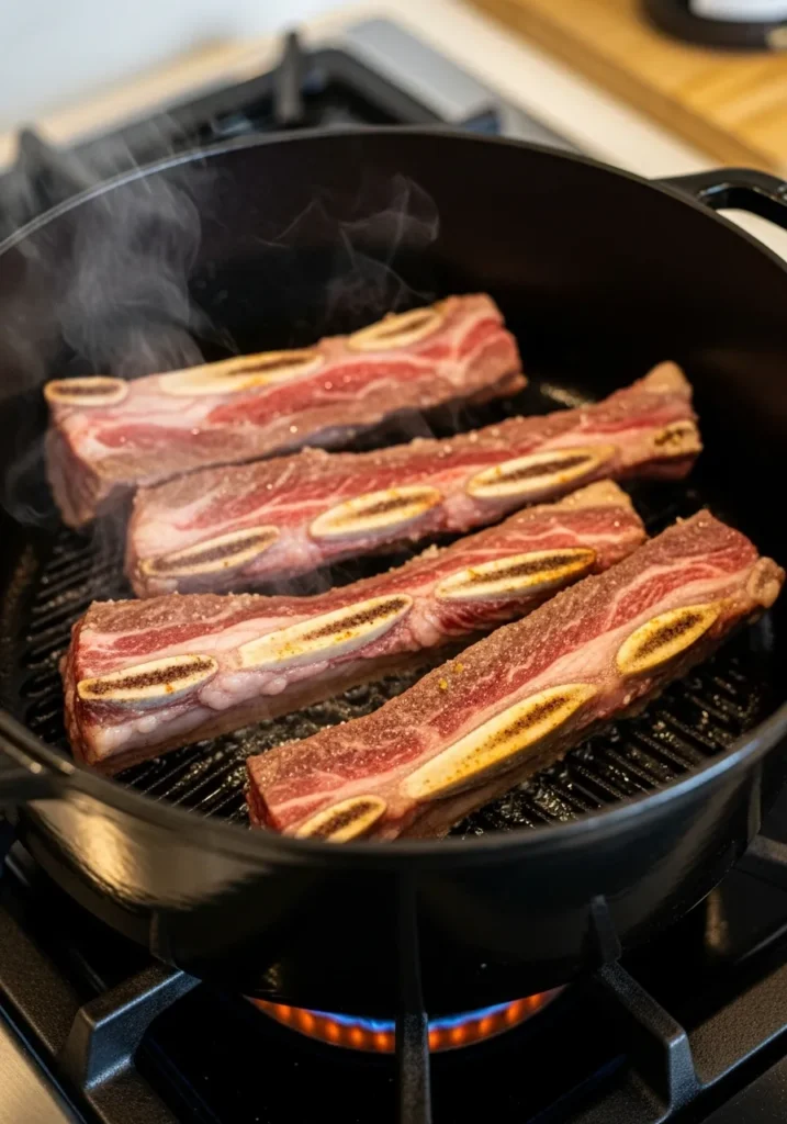 Searing country style beef ribs in a cast iron Dutch oven to create a deep brown crust