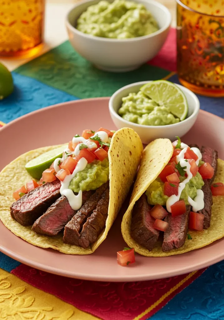 A beautiful plate of finished leftover steak tacos with fresh pico de gallo and guacamole