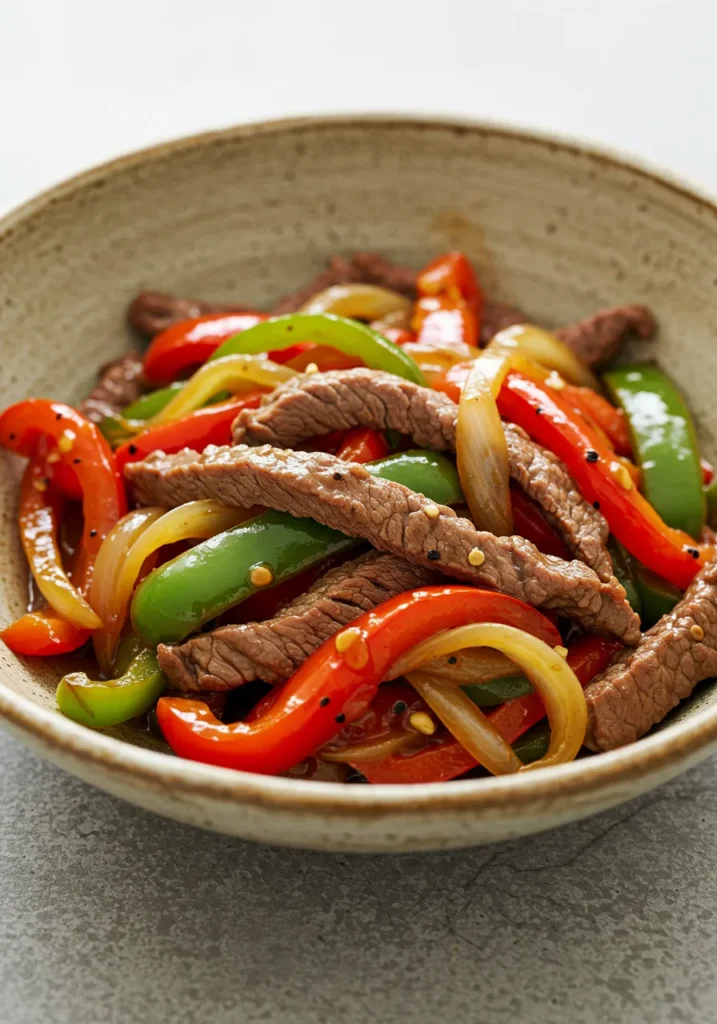 A bowl of simple pepper steak, a colorful thin steak recipe with tender beef, red peppers, and green peppers.