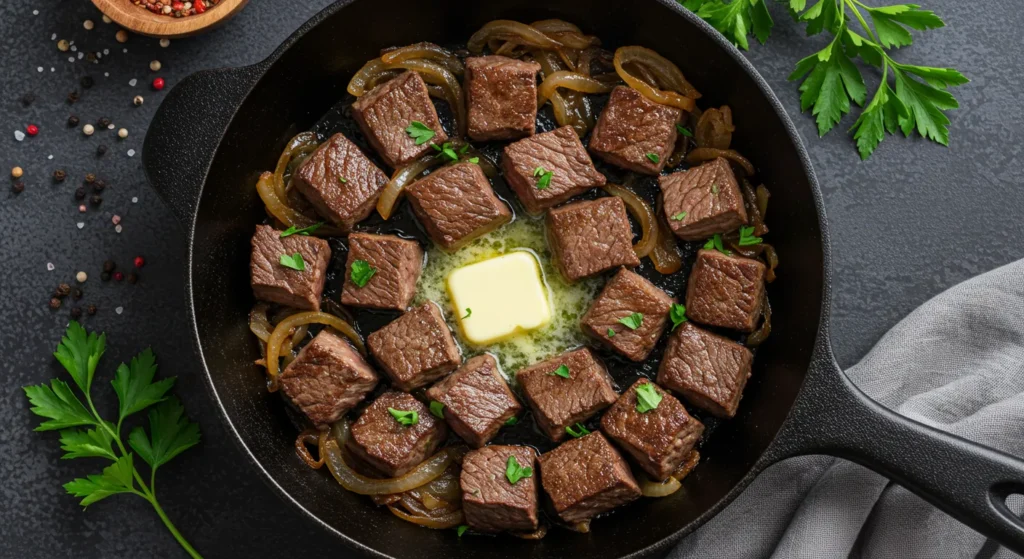 A cast iron skillet full of 15-minute steak and onions, a perfect example of easy steak dinner recipes.