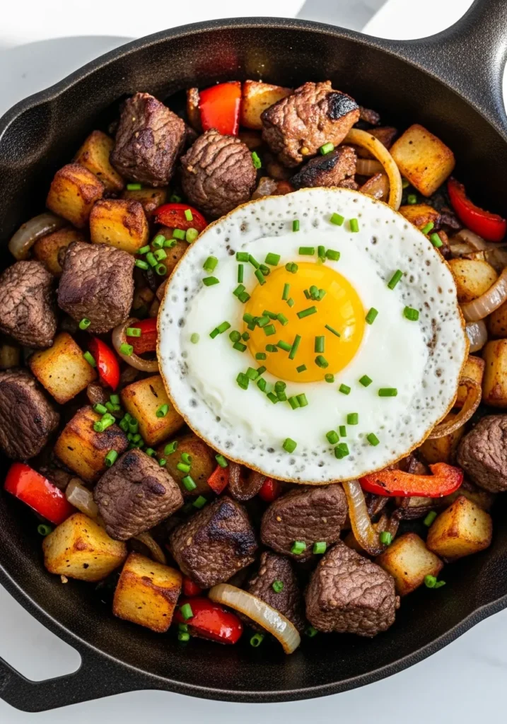 A cast-iron skillet with a hearty breakfast hash of leftover tri-tip, potatoes, and a sunny-side-up egg