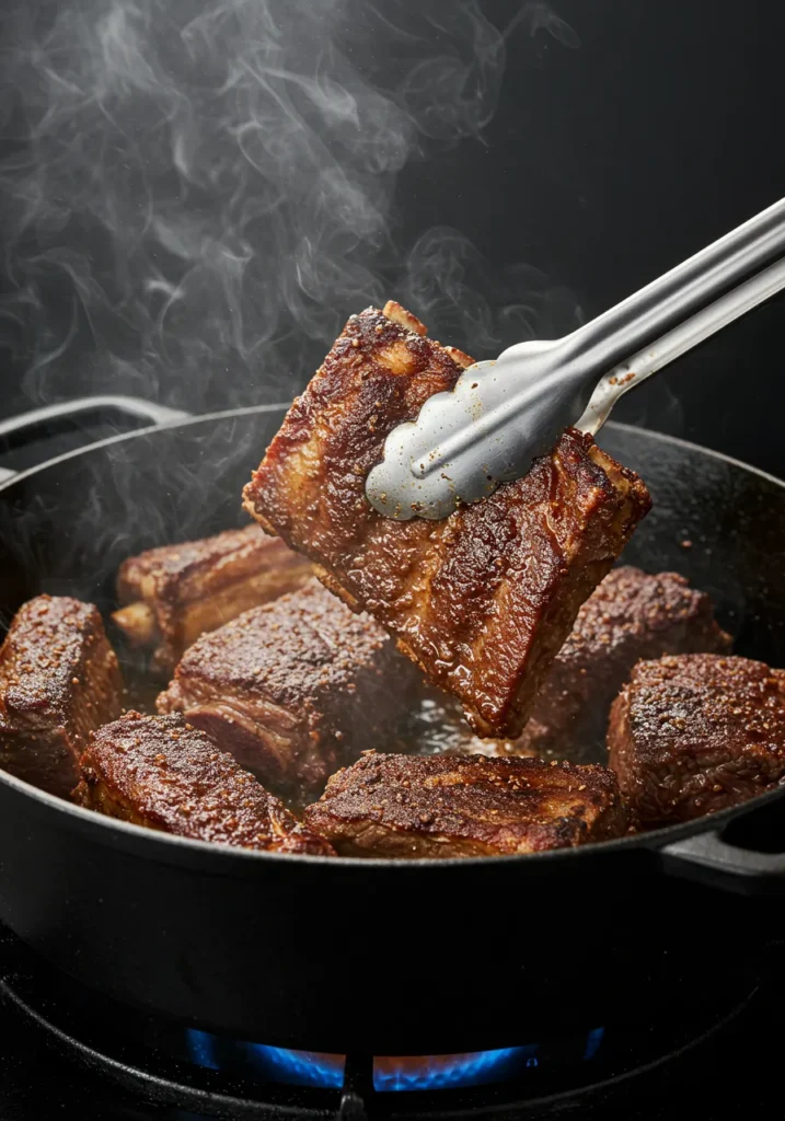 A close-up action shot of beef country style ribs being seared in a hot Dutch oven to build flavor for the oven-baked recipe.