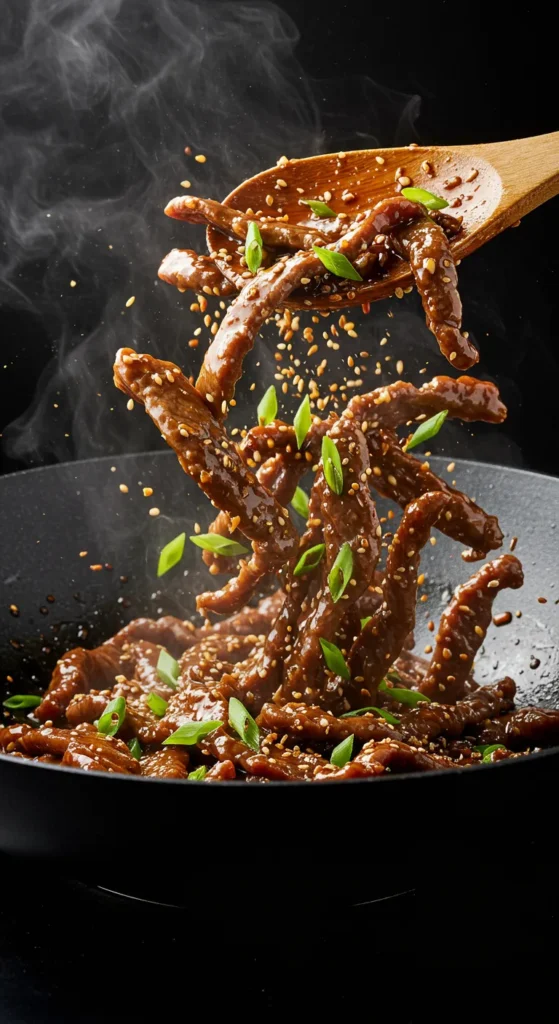 A close-up of an authentic Mongolian beef recipe sizzling in a wok, coated in a glossy sauce and garnished with fresh green onions.