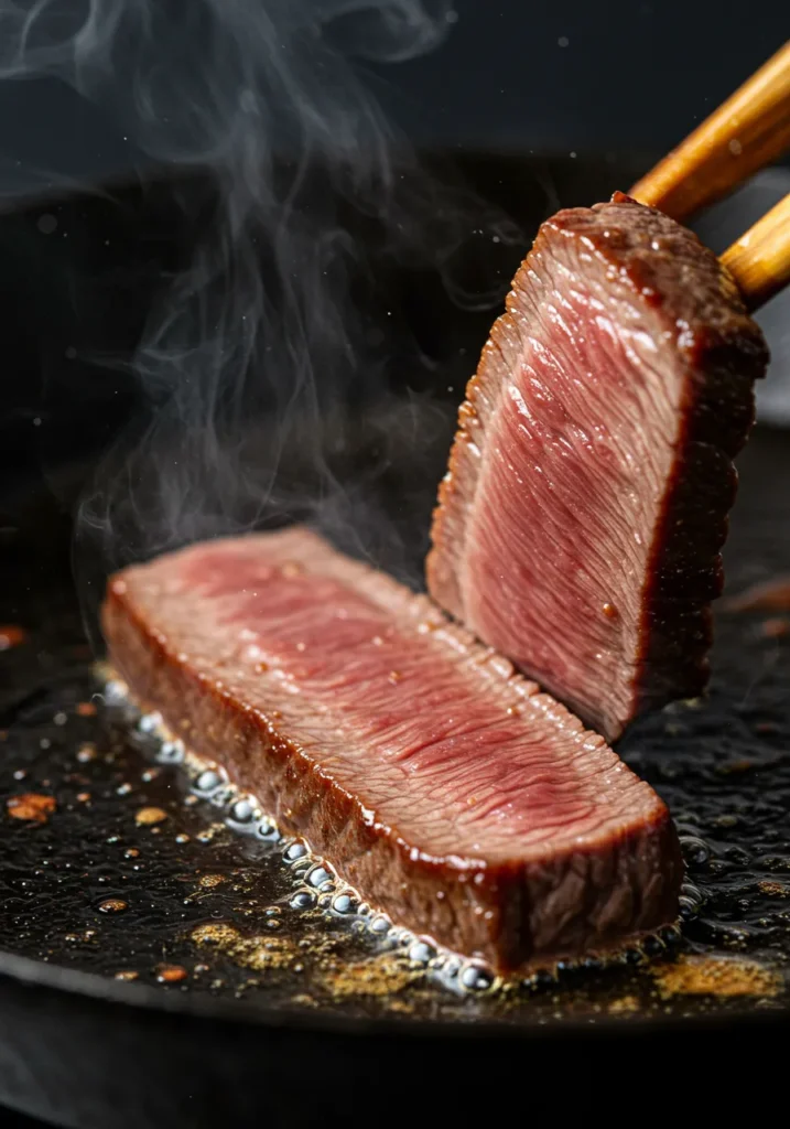 A close-up shot demonstrating the proper technique for searing thin steak in a hot cast iron pan to get a perfect crust.