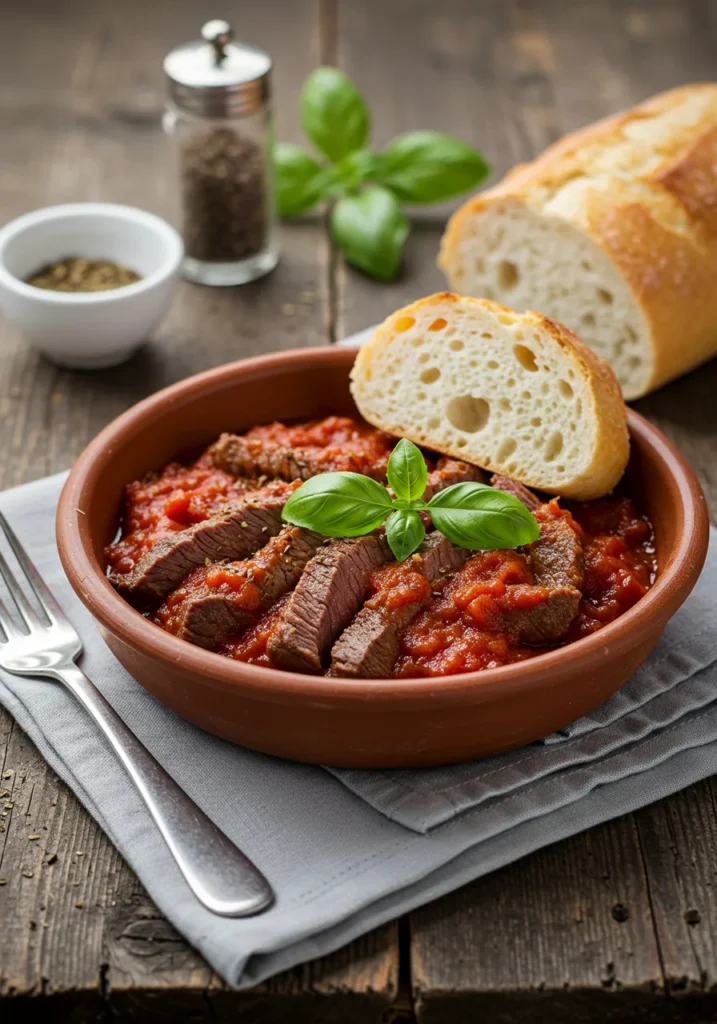 A comforting bowl of Italian Steak Pizzaiola, showcasing a Mediterranean way to prepare thin sliced beef.