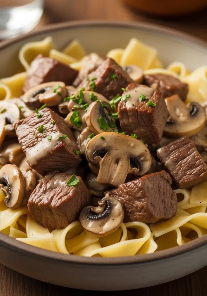 A comforting bowl of creamy leftover tri-tip beef stroganoff with mushrooms, served over wide egg noodles.