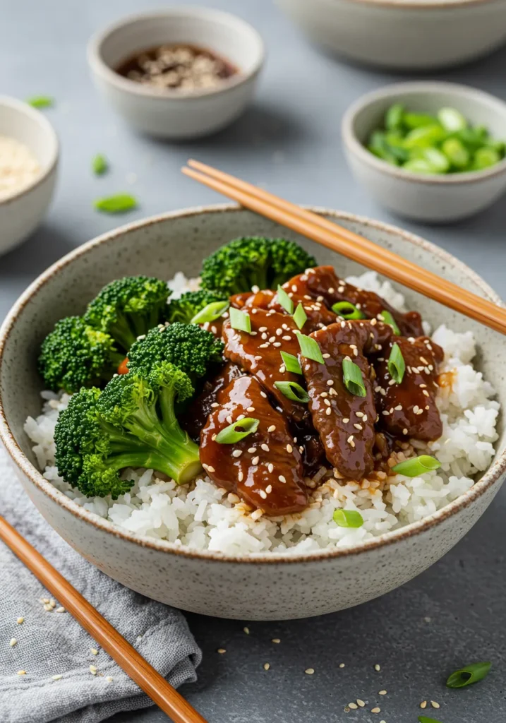 A delicious bowl of Asian-inspired Mongolian beef, a popular thin steak recipe made with a savory sauce.