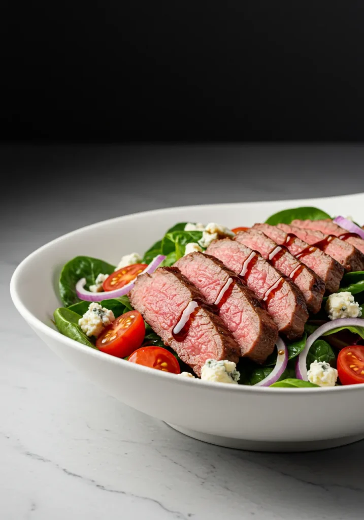A gourmet steak salad featuring chilled, sliced leftover tri-tip over mixed greens with blue cheese and tomatoes