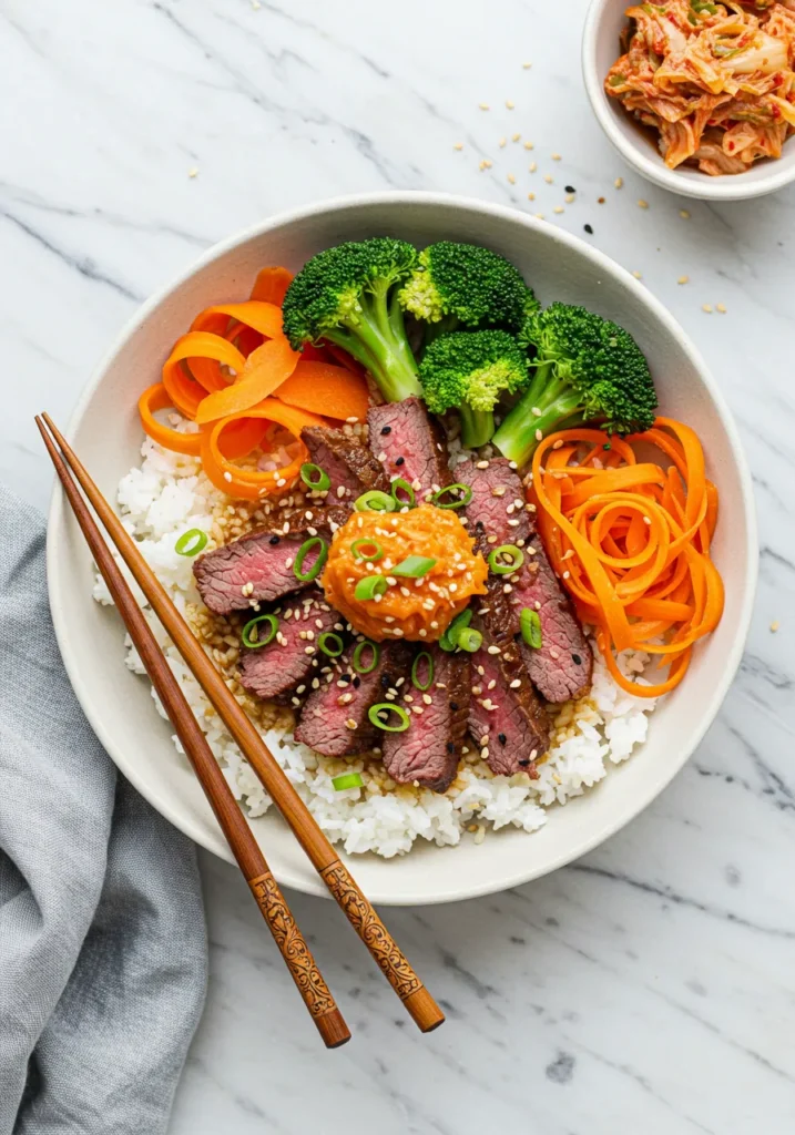 A healthy Korean-inspired beef bowl with leftover tri-tip, rice, kimchi, and fresh vegetables.