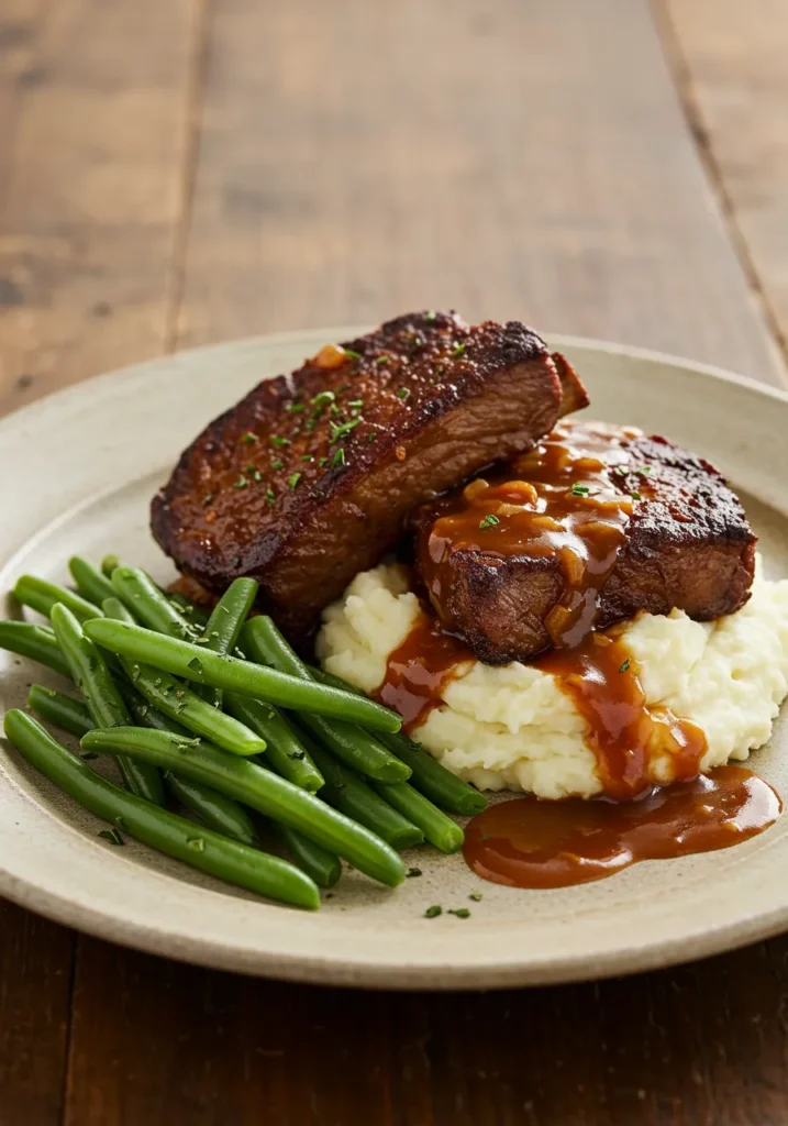 A plated serving of the finished beef country style ribs recipe for oven, served with mashed potatoes and green beans for a complete meal.