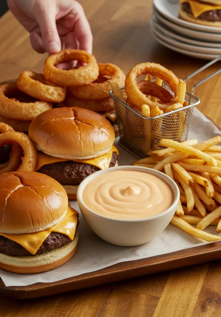 A platter of burgers, onion rings, and fries served with a bowl of homemade Chick-fil-A sauce, showing what to eat with the delicious dip.