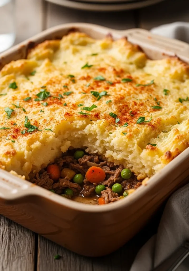 A rustic shepherd's pie with a golden-brown mashed potato crust, made with a rich leftover tri-tip filling