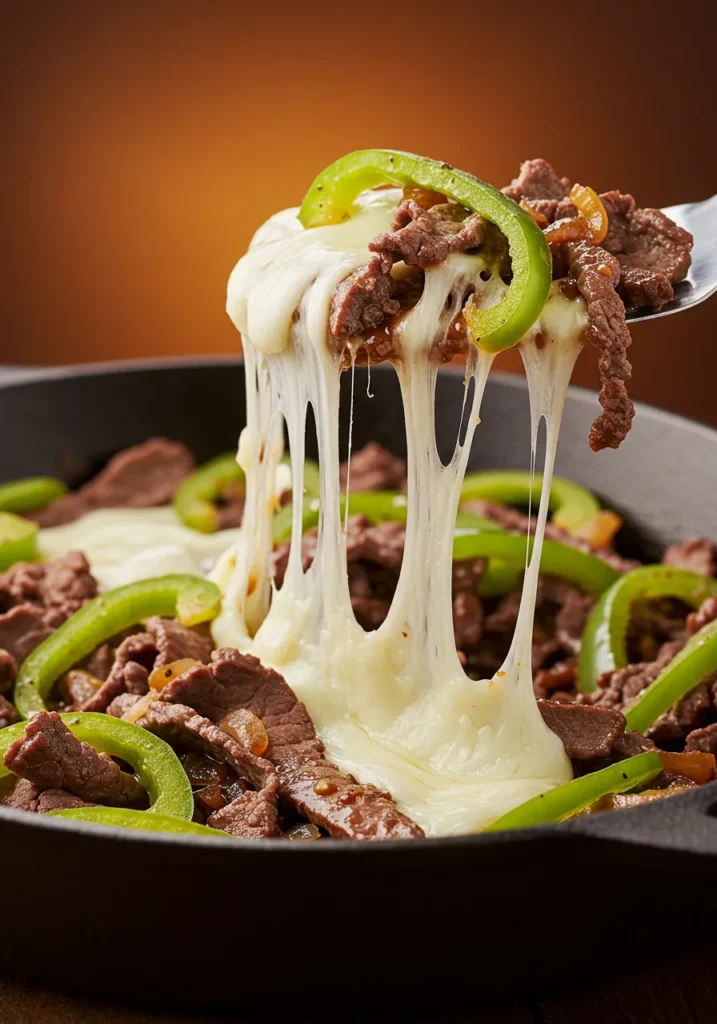 A scoop of a shaved steak Philly cheesesteak skillet recipe showing a gooey provolone cheese pull.