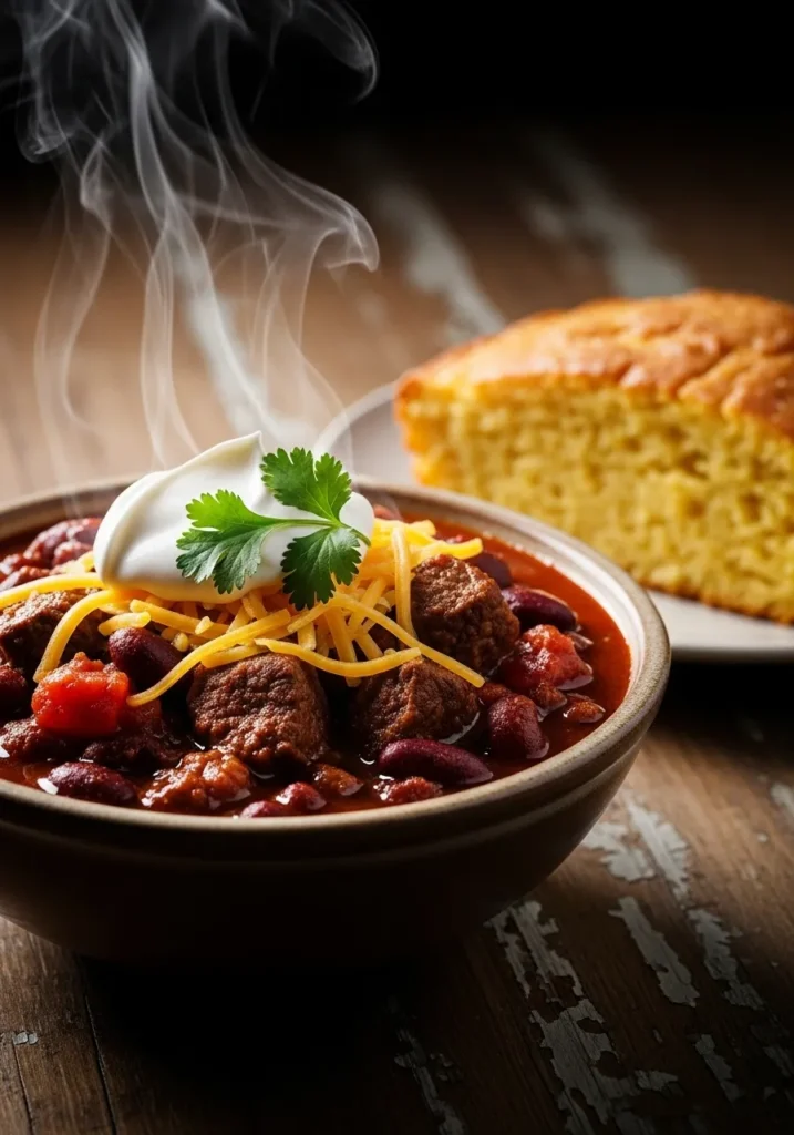 A thick and hearty bowl of chili made with chunks of leftover tri-tip, topped with cheese and sour cream.