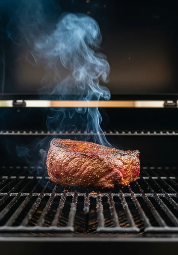 A tri-tip roast smoking on a pellet grill, developing a deep mahogany bark.
