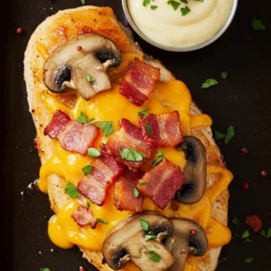 Alice Springs Chicken copycat recipe with melted cheese and crispy bacon, ready to eat.
