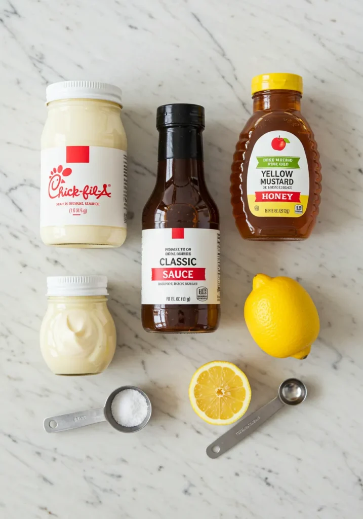 All 5 ingredients laid out for making copycat Chick-fil-A sauce at home