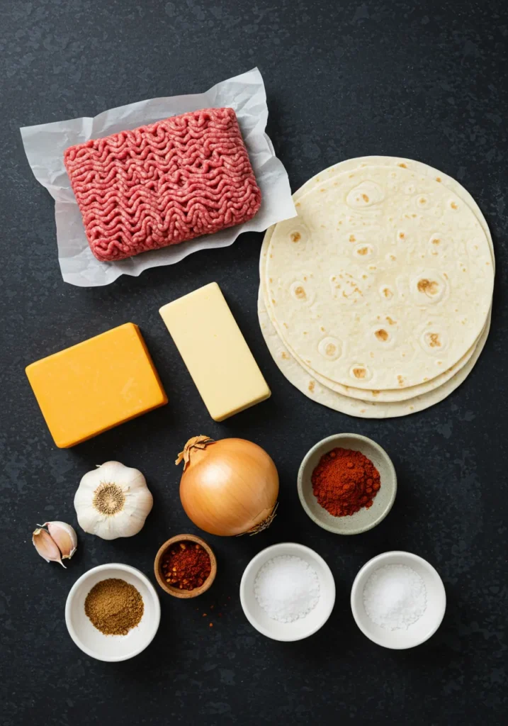 All the fresh ingredients for the ultimate beef quesadilla recipe, including ground beef, cheeses, tortillas, and spices.