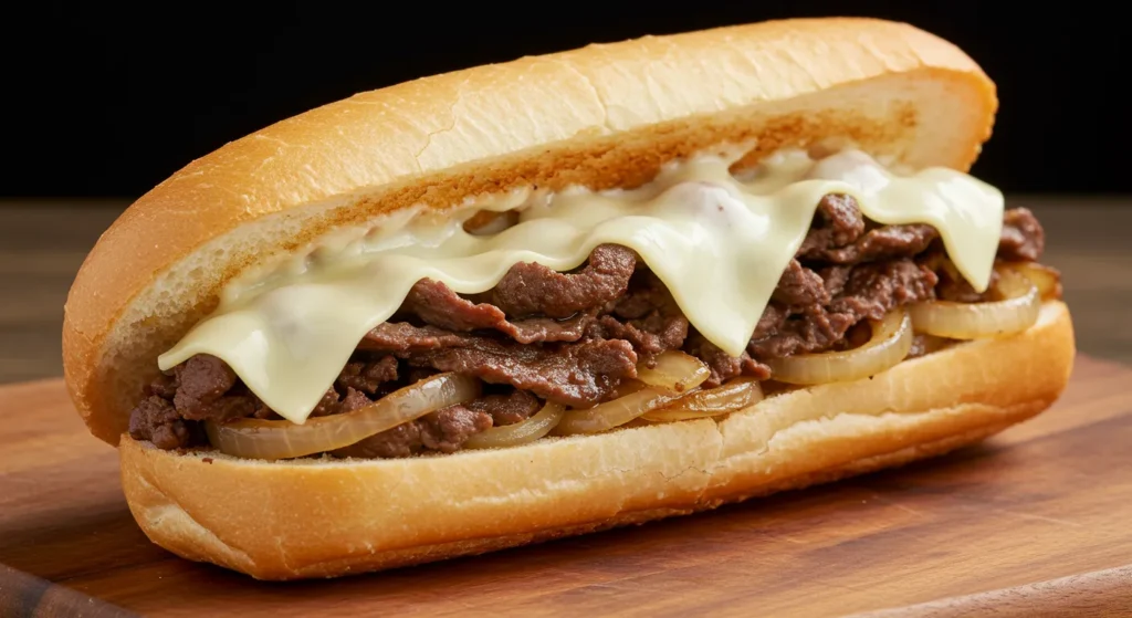 An authentic Philly cheesesteak sandwich loaded with thin sliced beef and gooey melted cheese.