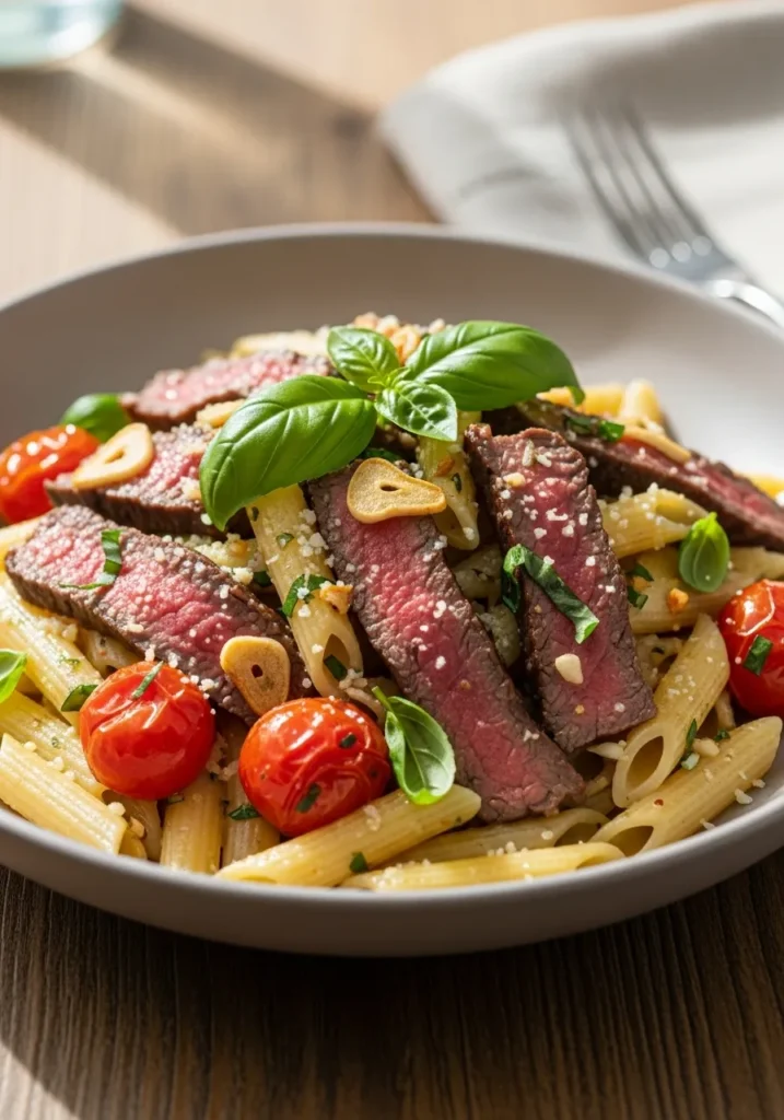 An elegant bowl of leftover steak and pasta featuring sliced tri-tip, cherry tomatoes, and fresh basil.