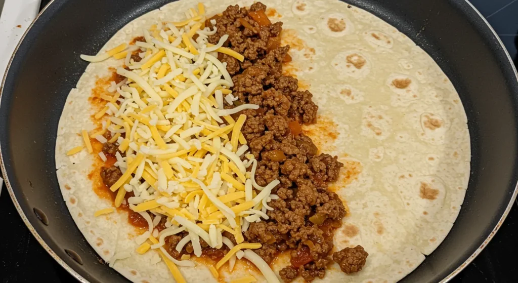 Assembling a ground beef quesadilla with layers of cheese and seasoned meat on a flour tortilla.