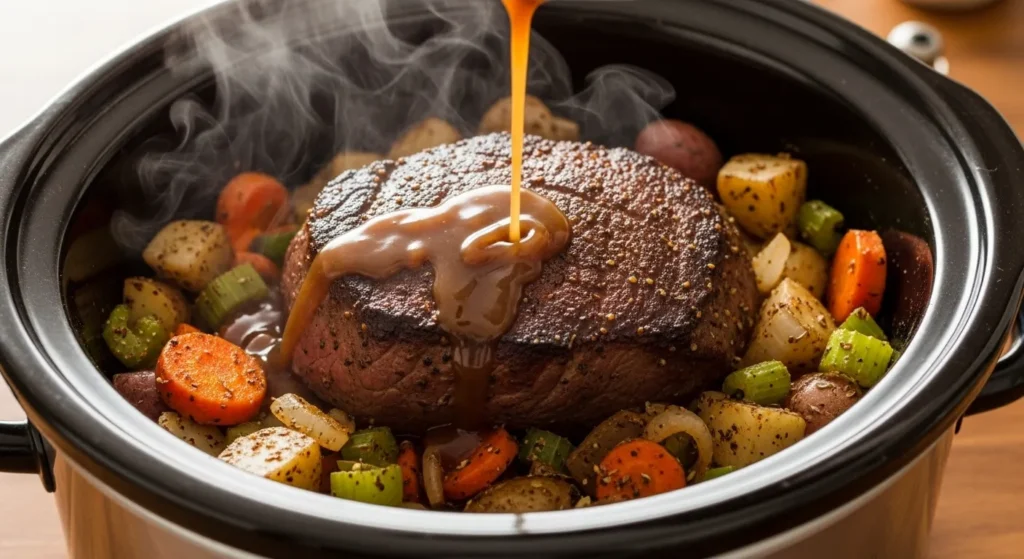 Assembling the tri-tip roast with vegetables and gravy in a slow cooker.