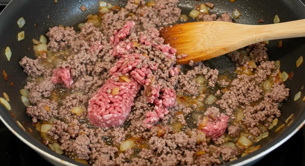 Browning ground beef with onions and garlic for a cheesy beef quesadilla recipe.