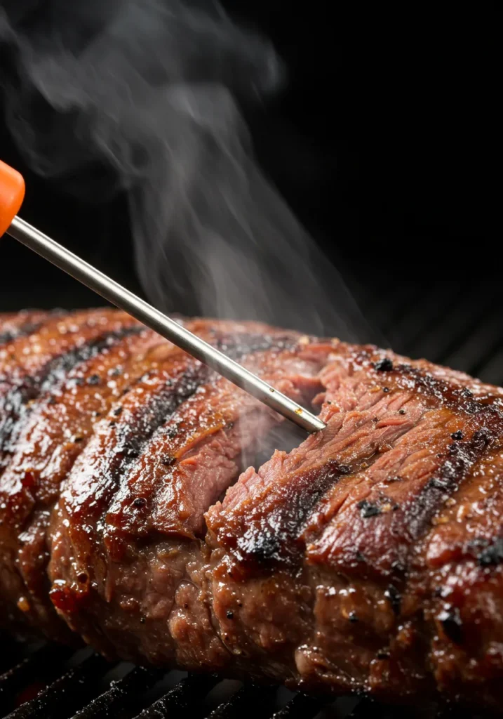 Checking for probe tenderness in a brisket-style tri-tip with an instant-read thermometer.