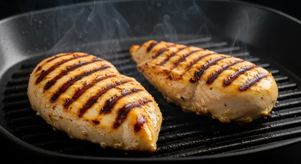 Chicken breasts grilling with perfect char marks for Alice Springs Chicken.
