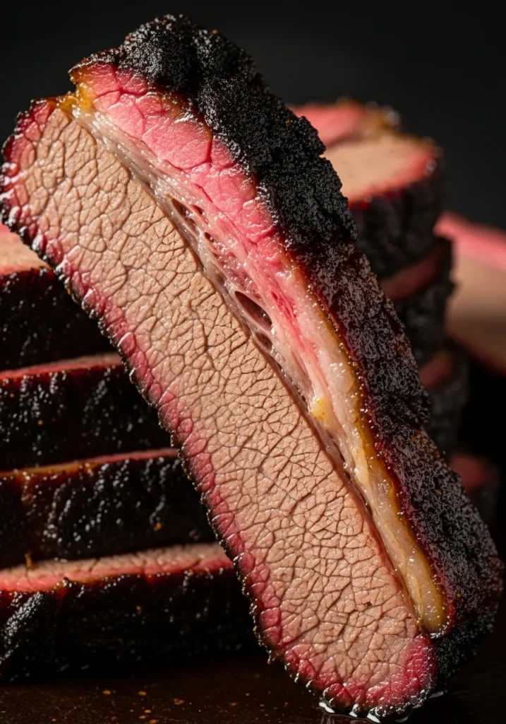 Close-up of a juicy slice of tri tip brisket style showing a perfect smoke ring and tender texture.