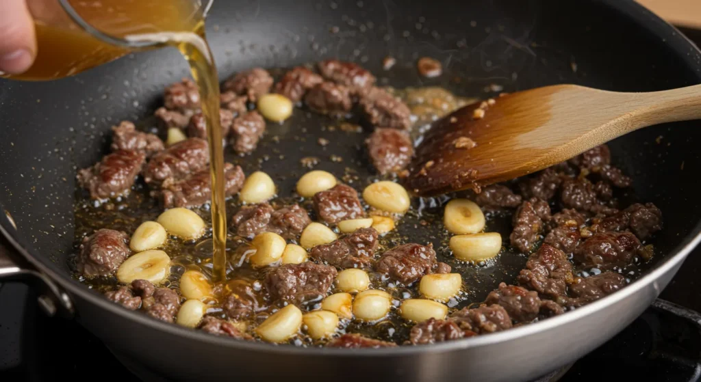Deglazing the pan to create savory sauce for slow cooker tri-tip roast.