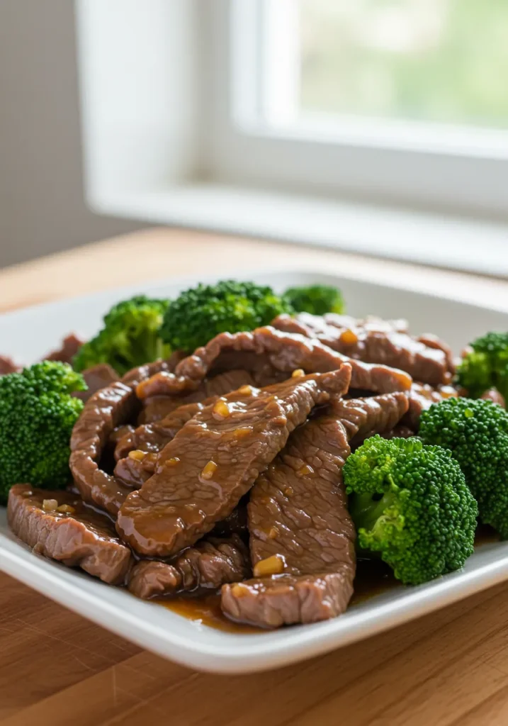 Easy beef and broccoli stir-fry served on a white plate, showcasing a healthy and quick thin steak recipe.