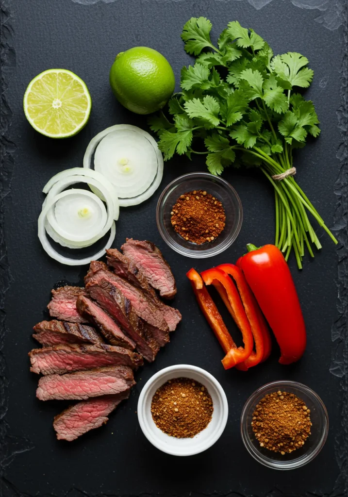 Fresh ingredients for a leftover steak tacos recipe, including sliced steak, peppers, onion, and seasoning