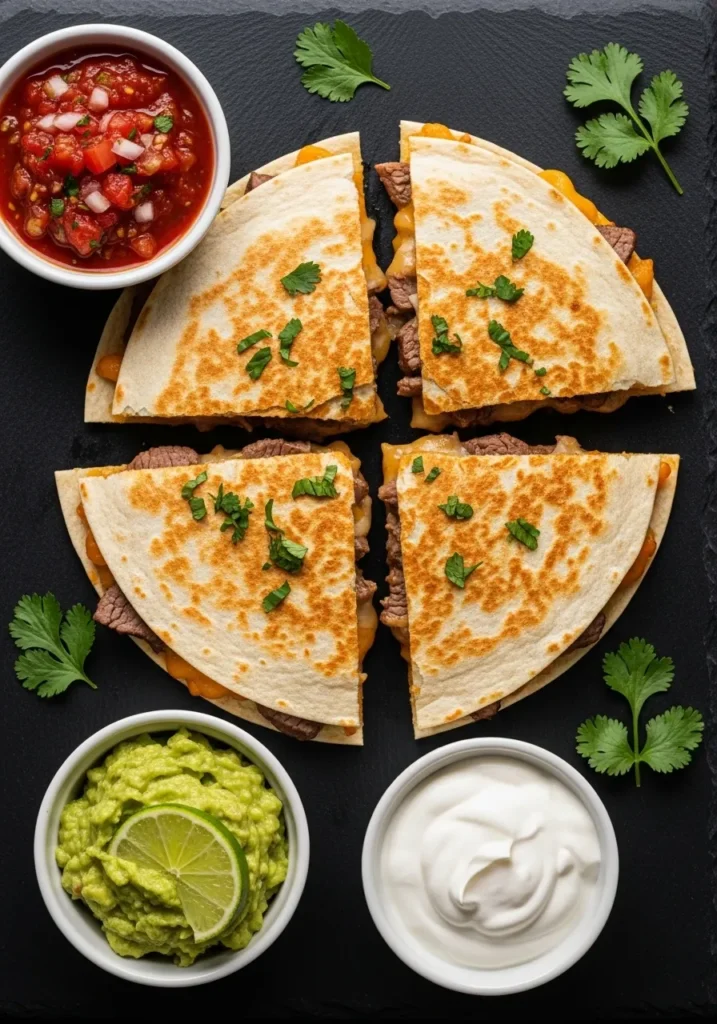 Golden-brown quesadilla wedges filled with melted cheese and leftover tri-tip, served with salsa and guacamole