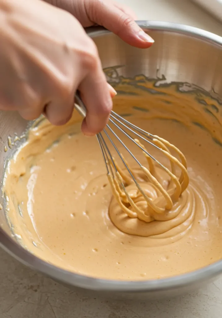 Hand whisking all ingredients together until the homemade Chick-fil-A sauce is smooth and creamy.
