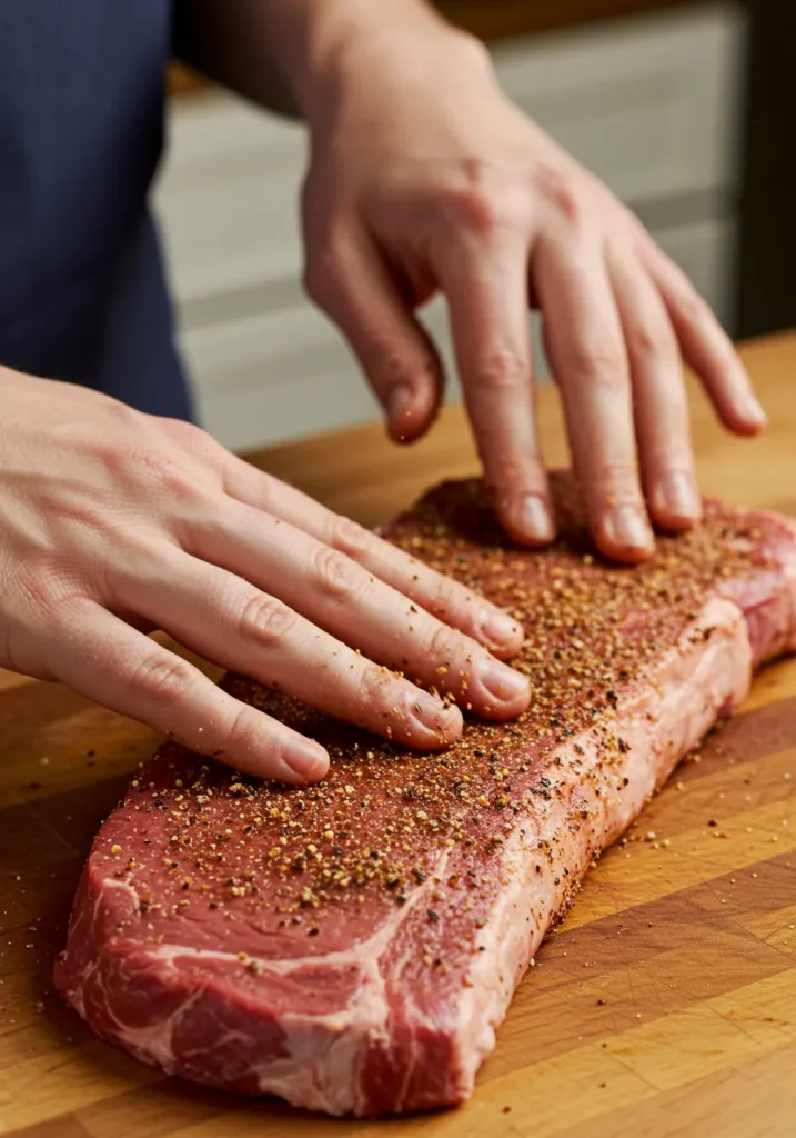 Hands generously applying a coarse BBQ rub to a raw tri-tip before smoking.