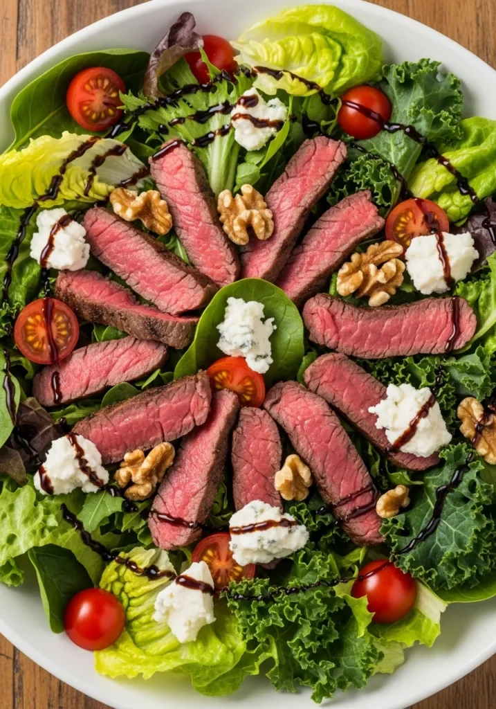 Healthy tri-tip salad with gorgonzola, balsamic vinaigrette, and walnuts, perfect for leftover tri-tip