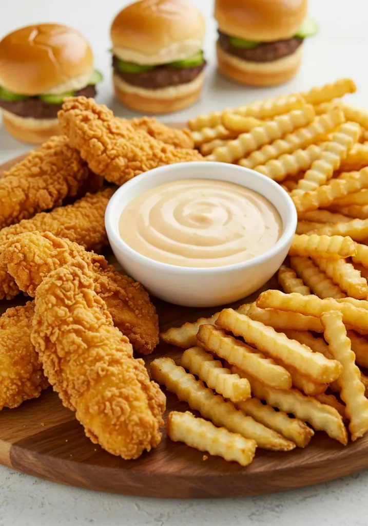 Homemade Chick-fil-A sauce served with chicken tenders, fries, and mini burgers