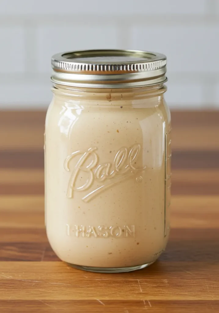 Homemade Chick-fil-A sauce stored in a clear mason jar.