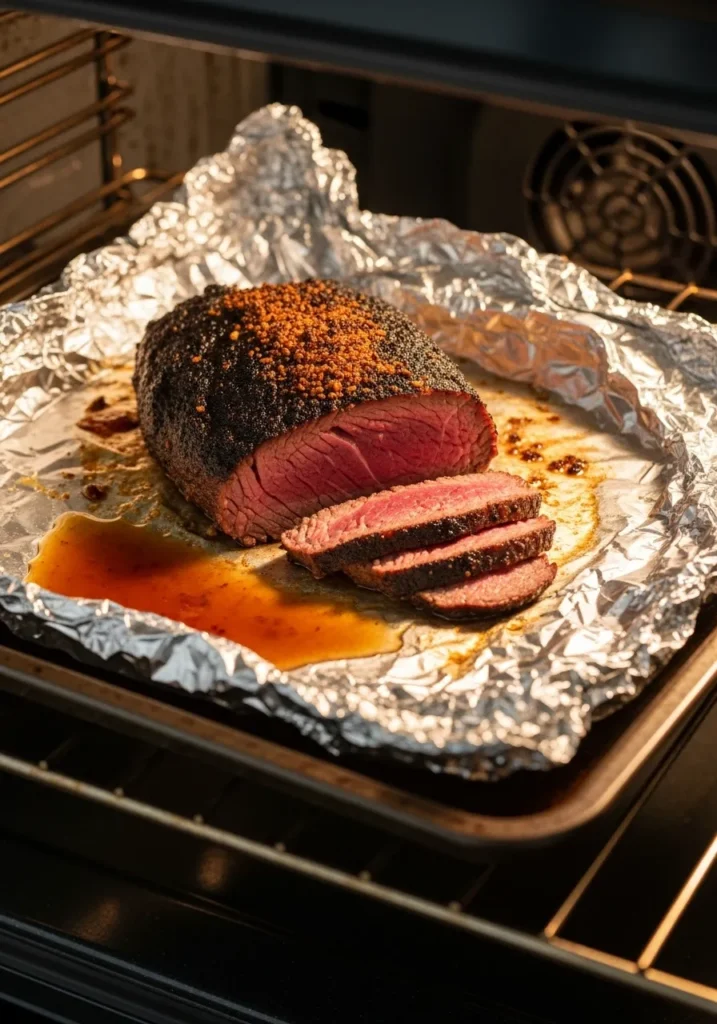How to reheat leftover tri-tip wrapped in foil with broth, ensuring it stays juicy and tender