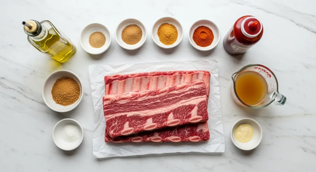 Ingredients for the beef country style ribs recipe for oven, including raw ribs, spices, beef broth, and BBQ sauce, all arranged on a marble surface.