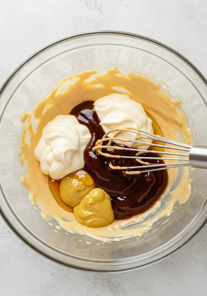 Initial ingredients (mayonnaise, barbecue sauce, honey, yellow mustard) combined in a mixing bowl for homemade Chick-fil-A sauce.