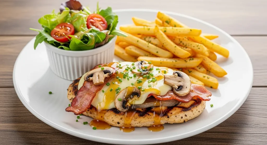 Plated Alice Springs Chicken served with seasoned french fries and a side salad.